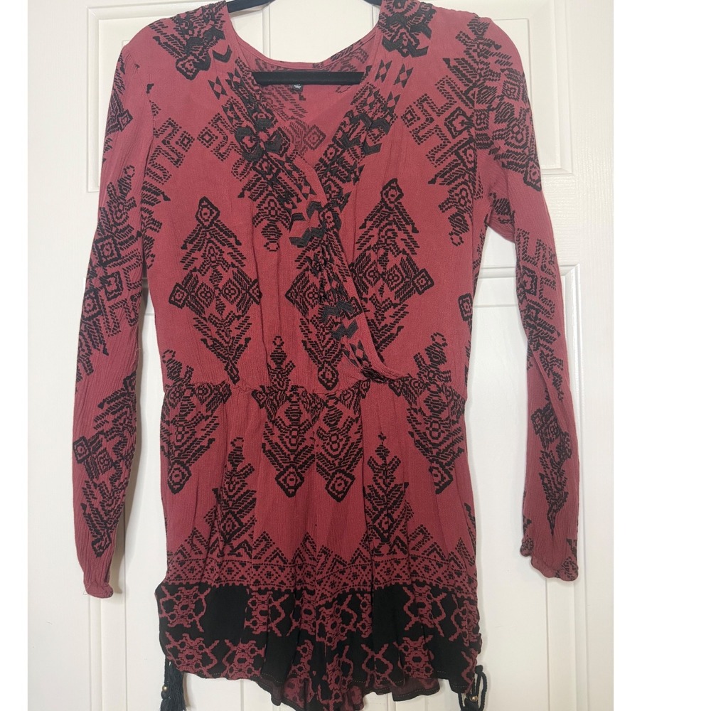P.S. Erin Wasson Womens Boho Tribal Print Long Sleeve Romper Burgundy Red Size M